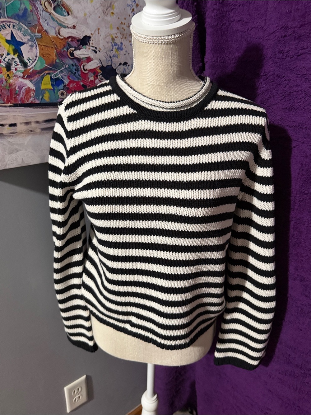 ANew Day Black and White Striped Crewneck Sweater